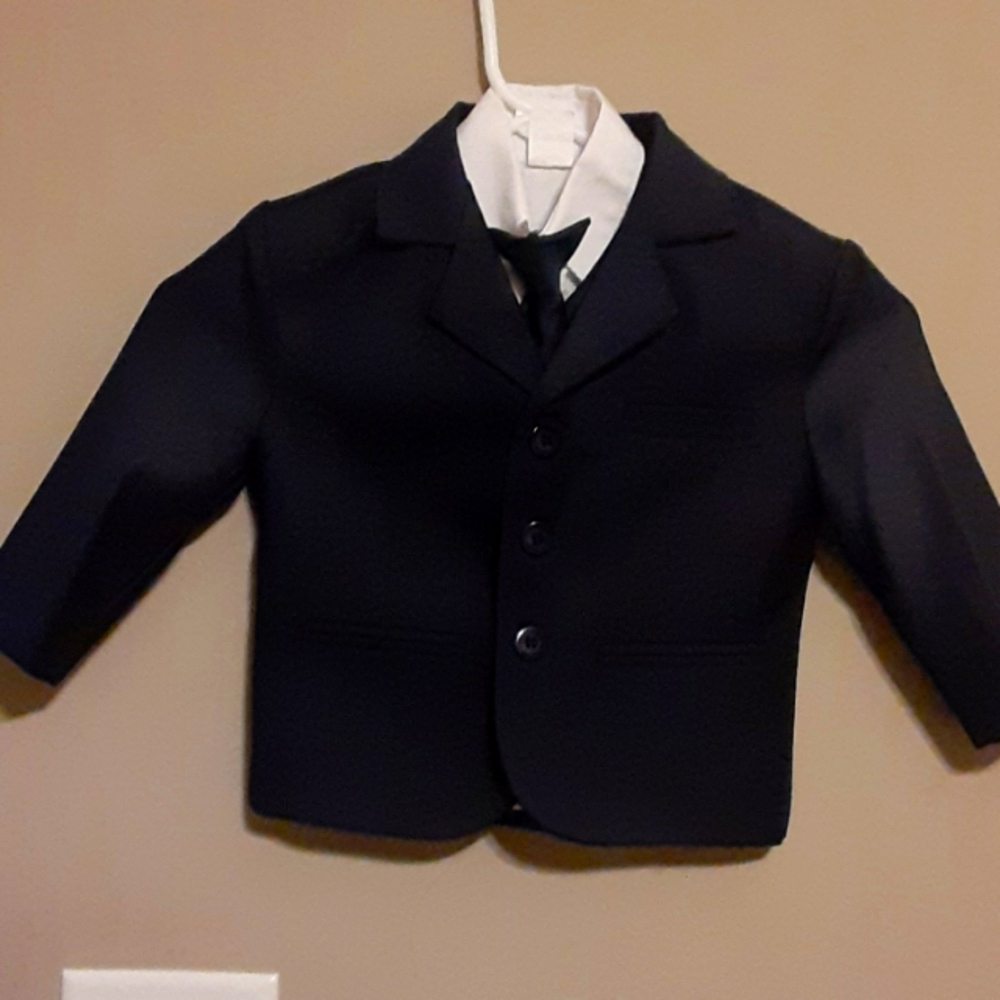 Toddler 3 piece Navy Blue Suit Coat, Vest, White Button down Dress Shirt and Tie